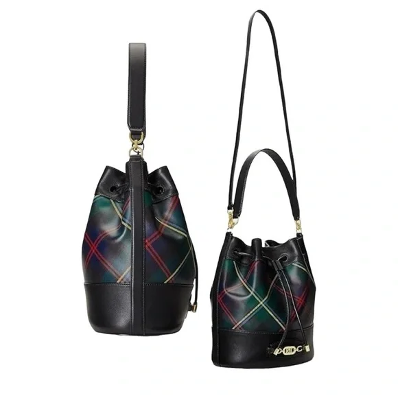 Ralph Lauren Andie Bucket Drawstring Plaid Leather Crossbody Bag